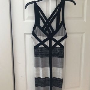 BEBE Black White Grey and Metallic Silver Sweater Knit w/ Criss Cross Straps